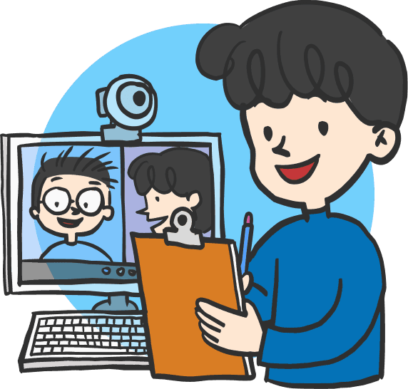 Ilustrasi seorang laki-laki mengenakan baju biru memegang tablet sambil mengikuti video call, dengan dua peserta terlihat di layar komputer dan webcam terpasang di atasnya.